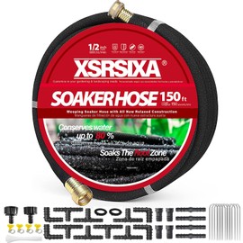 XDRSIXA 150FT Heavy Duty Soaker Hose – 1/2" Ultra-Flexible Rubber with Reinforced Core, 20% Stronger Stretch & Even Water Flow for Gardens, Lawns, Raised Beds (Drip Irrigation Hose Kit)