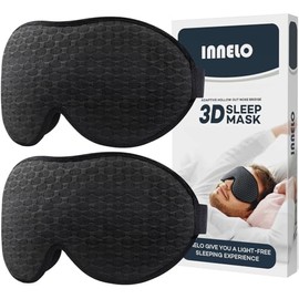 INNELO Pack of 2 Sleep Masks for Men and Women, Comfortable Breathable 3D Eye Mask, with Deep Eye Sockets and Raised Nose Pads, 100% Light Blocking Sleeping Glasses for Travel, Black/Black