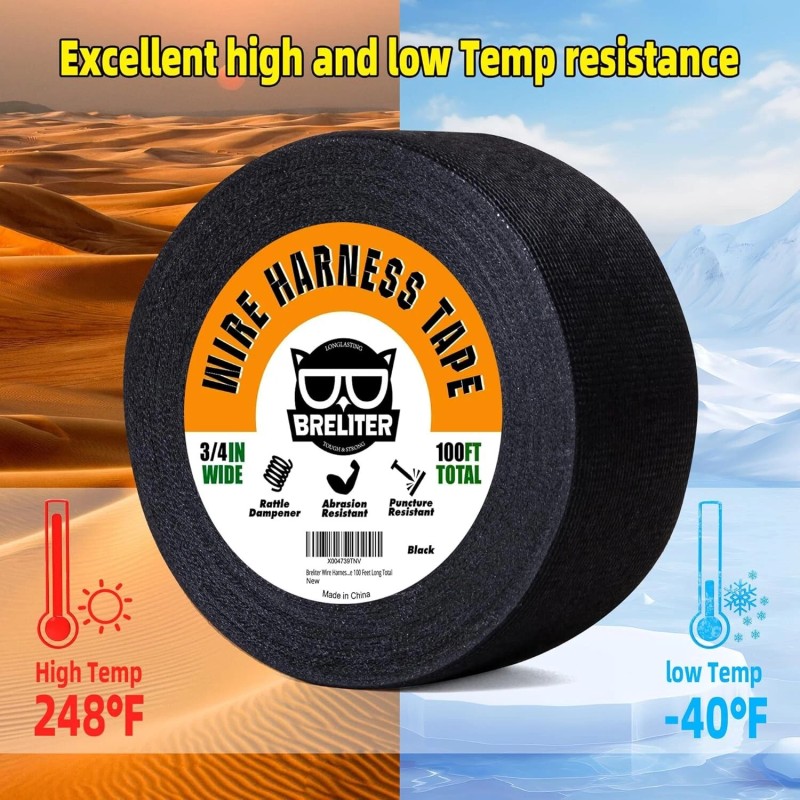 Breliter Wire Harness Tape 2Pack High Temp Wiring Harness Self-Adhesive