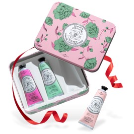 La Chatelaine Rose Hand Cream Trio Tin Gift Set, Ready-To-Gift Tin, Nautral, Made in France with 20% Organic Shea Butter, Nourishing and Moisturizing (Cherry Almond, Pear, Oud Rose)
