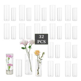 Glasseam Glass Cylinder Vase in Bulk: 32pcs Clear Small Bud Flower Vases for Centerpieces - Modern Hurricane Pillar or Floating Candle Holder for Wedding Party Table Living Room Home Decor