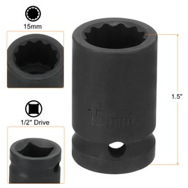sourcing map 12-Point Impact Socket 1/2 Inch Drive 15mm Metric Cr-V Shallow Impact Socket Nut Driver Wrench for Auto Repair