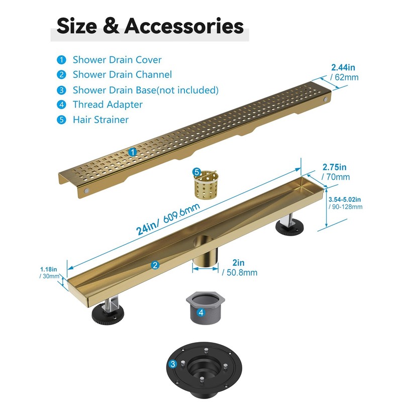 HTOH Linear Shower Drain, 24 Inch Gold Shower Drain with