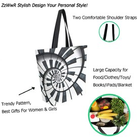Chic Extra Large Shoulder Grocery Tote Bag, 3d Chic Music Piano Keyboard Spiral Pattern Canvas Reusable Handle Bags for Men Women Gym Weekender Picnic Beach Travel Home Storage Market Shopping