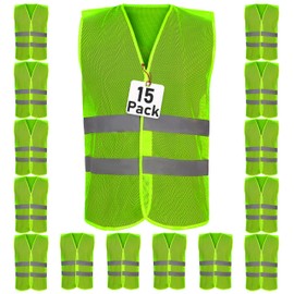 Athllete High Visibility Safety Vest - 10 Pack and 15 Pack with Reflective Strips in Neon Yellow and Orange. (Neon Yellow - 15 Pack, XL)