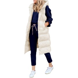 LEANI Womens Long Puffer Vest Full-Zip Hooded Sleeveless Down Jacket Coats with Pockets Beige Large