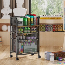 4-Tier Rolling Utility Cart with 3 Drawers - Craft Organizers and Storage with 360° Lockable Wheels,Art Supply Storage Organizer for Art Supplies, Store for Brushes & Paints & Artifacts Small Parts