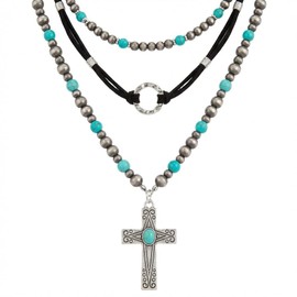 Layered Western Turquoise Cross Necklaces for Women Boho Navajo Pearl Beaded Choker Set Cowgirl Accessories Country Concert Outfits Jewelry For Women Cowboy Chic Oufits