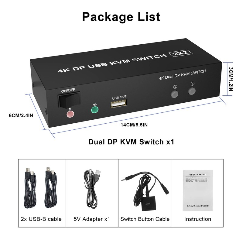 KVM Switch Dual Monitor DisplayPort 4K @ 60Hz Extended Display,