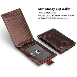 KM Legend RFID Blocking Leather Money Clip Wallet for Men - Slim Bifold Front Pocket Credit Card Holder with Secure Clip