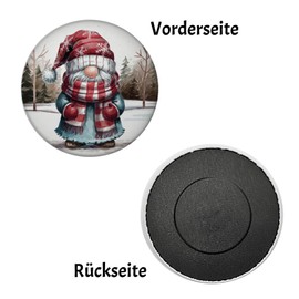 Gnome with Red Scarf Magnet - Decorative Magnet Round Watercolour Drawing Red and White Hat Snowflakes in Snowy Backdrop