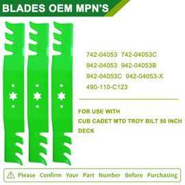 JSXDNWYJ 742-04053 942-04053 942-04053-X 490-110-C123 Toothed Mulching Lawn Mower Blades Compatible with 50 inch Deck Cub Cad et MTD Troy Bi lt RZT50 LT1050 LTX1050 LTX1050KW LGT1050 (3pack)