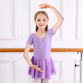 Children's Ballet Dress, Girls’ Short Sleeve Cotton Ballet Leotard, Dance Dress, Dance Body with Chiffon Skirt Tutu, purple