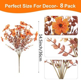 8 packs Artificial Flowers for Outdoor Decoration,Faux Daisy Flowers for Fall  Decor,Realistic Eucalyptus Leaves Silk Mums Fake Plants for Garden Pot,Front Porch,Courtyard,Patio,Lawn:_Orange_one-size