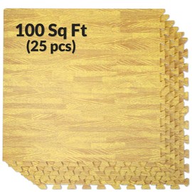 Home Aesthetics 100 Sq. Ft 3/8 Inch Thick Printed Foam Tiles Interlocking Foam Mat, (24" x 24", 25 pcs), Light Wood Oak Grain Style, Protective Flooring for Home, Gym Exercise or Trade Show