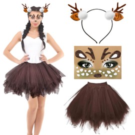 JRYBXS 3-Piece Reindeer Costume, Fancy Dress Costumes, Women's Tulle Skirt, Reindeer Face Tattoo, Antlers Headband, Suitable for Christmas, Carnival, Cosplay, Theme Party