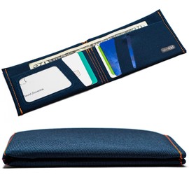 SlimFold MICRO - Carteras minimalistas con bolsillo frontal veganas delgadas para hombres (RFID Blocking), Azul marino con costuras naranjas - RFID, Micro