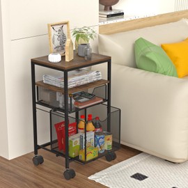 BOHDK Rolling File Cart with 2 Storage Drawers, Wood & Mesh Hanging File Folder Organizer with Wheels Under Desk, File Cabinets for Home Office, 14.7" L x 11.8" D x 25.3" H