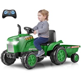 OLAKIDS 12V Kids Ride on Tractor, Battery Powered Motorized Electric Car with Trailer, Dual Motors, Remote Control, Light, Music, USB, Toddler Vehicle Toys for Boys Girls (Green)