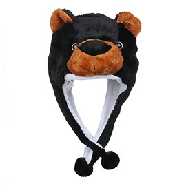 JK Home 2-in-1 Hat with Earflaps Scarf Set Cute Plush Animal Hat Cosplay Costume Headwear Warm Soft Cozy Hats for Kids Adults One Size Novelty Headgear Photo Props Black Bear