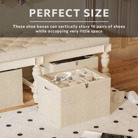 Shoe Organizer for Closet, 2 Pack Sturdy Shoe Storage Bins with Clear Cover, Fits 16-32 Pairs, Foldable Shoe Storage Box with Reinforced Handles (Beige, 19.7"L x 15.7“W x 12.6"H)