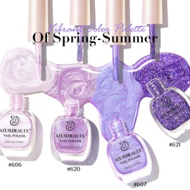 AZUREBEAUTY Nail Polish Set Quick Dry Glitter Purple Spring Summer Vegan 4 Colors Lilac Purple Nail Polish Natural Nail Lacquer Fingernail Strengthening Kit with Top Coat DIY Salon Home