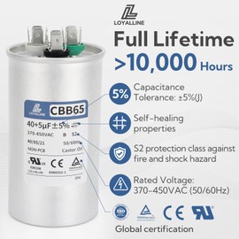 LOYALLINE 40 5 MFD 40+5uf CBB65 Capacitor for AC Motor Run, Fan Start, Condenser Straight Cool, Heat Pump, Air Conditioner, HVAC Capacitor, 370V/440V/450V AC 50/60Hz - Guaranteed to Last 5 Years