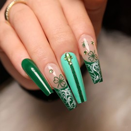 24 Pieces Long Coffin Press Nails Green Clover False Nails Rhinestone False Nails Lines Glitter False Nails Shiny False Nails Daily False Nails for Women and Girls