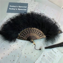 Huralona 1920s Vintage Style Flapper Hand Fan Embroidered Flower Marabou Feather Fan (Lace Black)