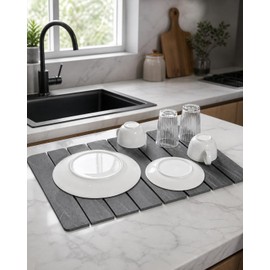 Foldable Diatomite Dish Drying Mat for Kitchen Counter, Gray Marble Stone Drying Rack Pad for Dishes, Cups and Utensils, Quick Absorbing Water, Space-Saving Sink Side Mat