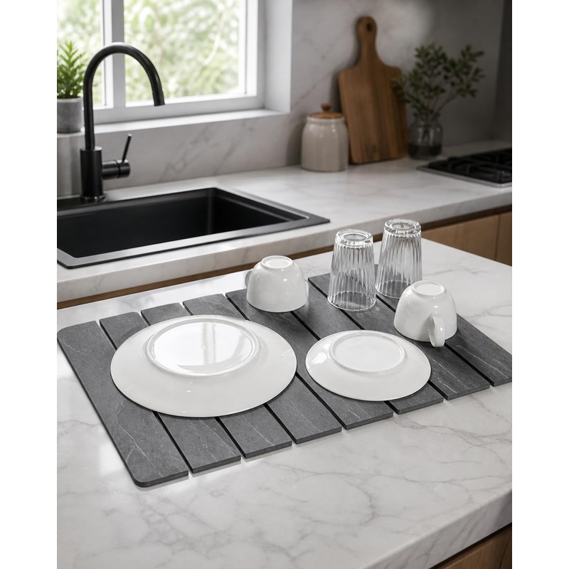 Foldable Diatomite Dish Drying Mat for Kitchen Counter, Gray Marble