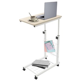 Mobile Bed Side Table, Adjustable Height Standalone Table Laptop Desk Sofa Side Counter Table w/Wheels, Rolling Overbed Bedside Tray Table for Home Office Bedroom Living Room Study Room (White Maple)