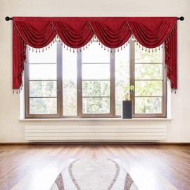 ELKCA Thick Chenille Window Curtains Valance for Living Room, Burgundy Red Valance with Beads for Festival Holiday,Rod Pocket (W118inch,1 Panel)