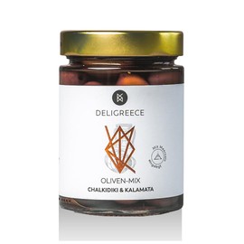 DELIGREECE - Olive Mix in Brine | Mix of Dark Kalamata and Green Chalkidiki Olives, Inlaid in Sea Salt Crisp Olives, Perfect as a Side Dish, Appetizer or Salads | 345g