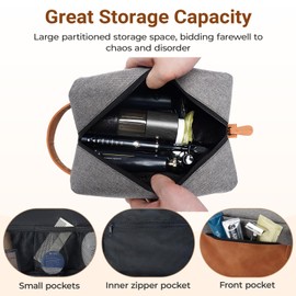 Lizzton Travel Toiletry Bag for Men - Large Capacity PU Leather Hanging Handle Dopp Kit Organizer for Shaving, Cosmetics, Gym, Camping, Business Trip, College Dorm & Bathroom Essentials, Grey