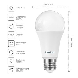 Linkind A19 LED Light Bulbs Dimmable, 100W Equivalent Light Bulbs, 16W, 5000K Daylight, 1600 Lumens LED Bulbs, E26 Standard Base, 120V, Lighting for Bedroom Living Room Home Office, 6 Packs