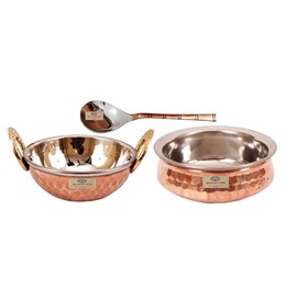 bona fide copper Serving Bowl,Stainless Steel Hammered Karahi and bowl Indian Dishes Serve Ware and tableware(7 inch diameter,(500 ml each) with serving spoon,copper bowl small set only for serving