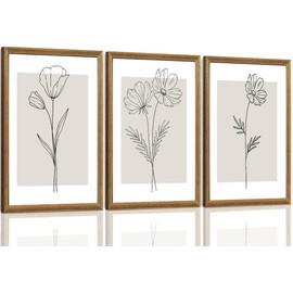 ICHZUMW Botanical Wall Art Set of 3, Framed Minimalist Modern Neutral Line Art Flowers Canvas Prints, Beige Floral Artwork, Large Black White Farmhouse Wall Decor, Living Room Bedroom Office, 16x24in