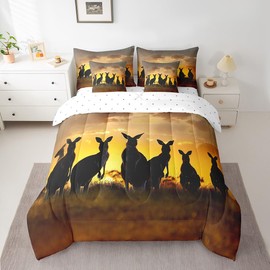 7 Pieces Cute Kangaroo Comforter Set Full, Kangaroo Silhouette Print Bed Set for Kids Boys, Wild Animals Theme Bedding(1 Comforter,1 Fitted Sheet,1 Flat Sheet,2 Pillowcases,2 Throw Pillow Cover)