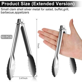 Seewey Set of 50 Stainless Steel Serving Tongs 7 Inch Cooking Tongs with Sliding Rings Small Clam Shell Metal Tongs Non Slip Food Tongs for Kitchen Salad Buffet Grill Barbecue Appetizers, Silver