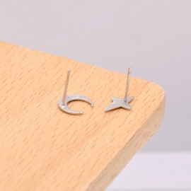 925 Sterling Silver Asymmetrical Earring Studs Crescent Moon/Sparkle Star, White Rhodium Plating
