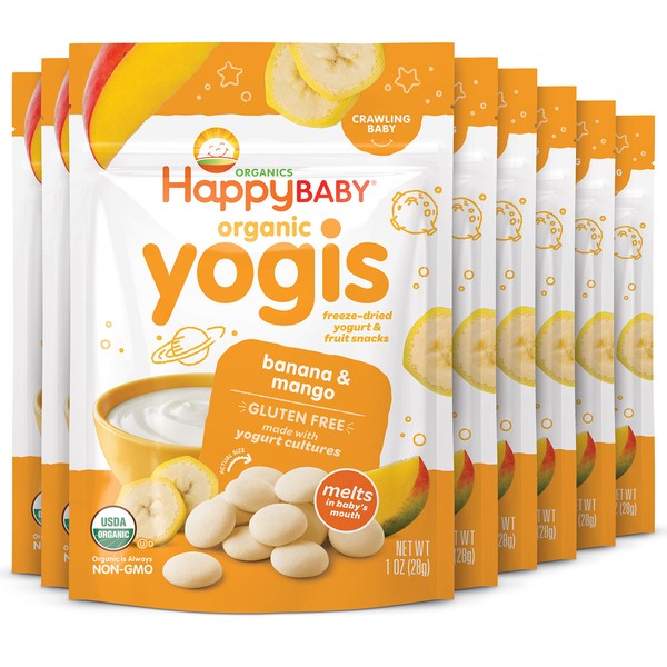 Happy Baby Organics Yogis Freeze-Dried Yogurt & Fruit Snacks, Banana & Mango, 1 Ounce Bag (Pack of 8) packaging may vary