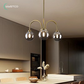 Wystco Modern Glass Globe Sputnik Pendant Light Chandelier, 3-Light Mid Century Light Fixture Chandeliers for Dining Room, Kitchen Island, Bedroom, Brass Gold and Smoke Grey Bubble, 19.7 Inch
