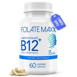 FolateMaxx L Methylfolate 15mg Plus B12 Methyl - 60 Capsules - 5-MTHF with B12 Methylcobalamin Supplement for Mood, Methylation and Cognition - Bioactive Forms of Vitamin B9 & B12-2 Month Supply