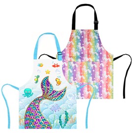XonyiCos Pack of 2 Children's Boys Dinosaur Aprons, Girls Unicorn Apron for Cooking, Painting, Chef Cartoon Apron for Children 3-12 Years, Mermaid Unicorn