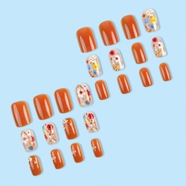 24Pcs Orange Press on Nails Short Square Fake Nails Spring Flower with Design Acrylic Glossy Nails Press ons Full Cover Cute Floral False Nails for Women Manicure