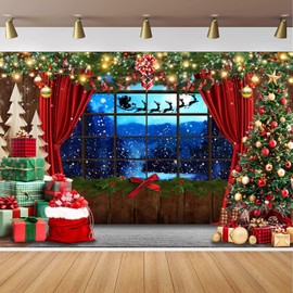 CapiSco Merry Christmas Backdrop for Red Christmas Party Decorations, Red Curtains Windowsill Photo Backdrop Christmas Tree Decoration Xmas Photography Background for Christmas Party Banner 7x5ft