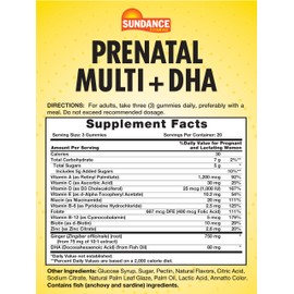 Sundance Prenatal Gummy Vitamin for Women | with DHA & Folate | 60 Count | Fruit Flavor | for Use Before, During, and After Pregnancy | Non-GMO & Gluten Free Supplement