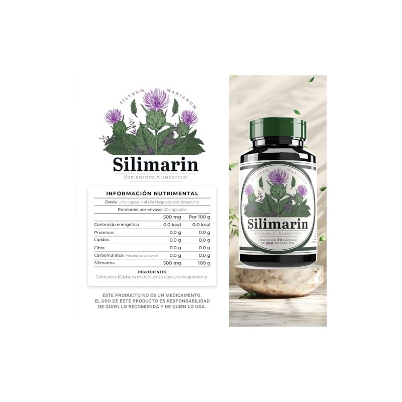 Silimarina 500 Por Cápsula Cápsulas Suplemento Alimenticio Extracto Natural Cardo