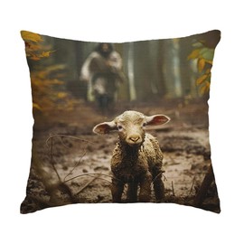 ubcindy Christian Jesus Running After Lost Lamb Throw Pillow Covers 18x18 Inch, Religious Faith Home Decor Pillow Covers, Linen Pillow Covers with Hidden Zipper for Sofa Bed Couch Car Chair or Gifts